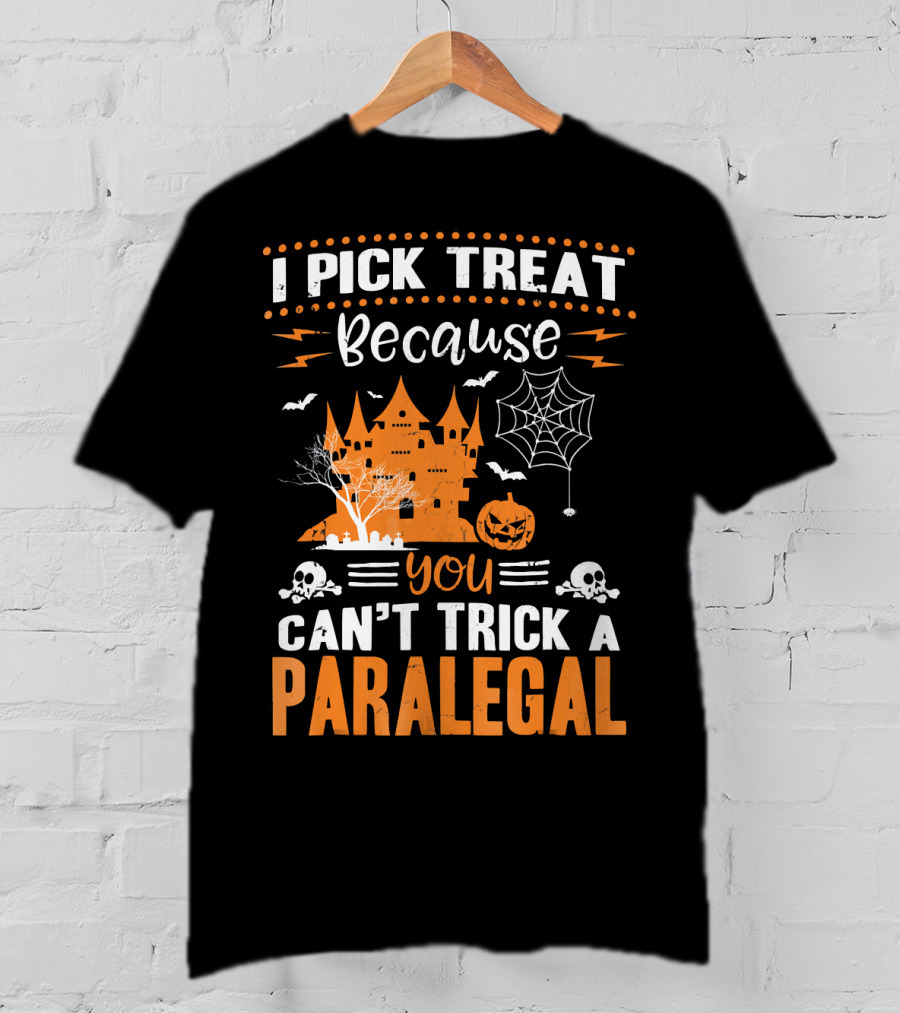 I Pick Treat Because You Can't Trick A Paralegal Halloween Castle Pumpkin Skulls T-Shirt