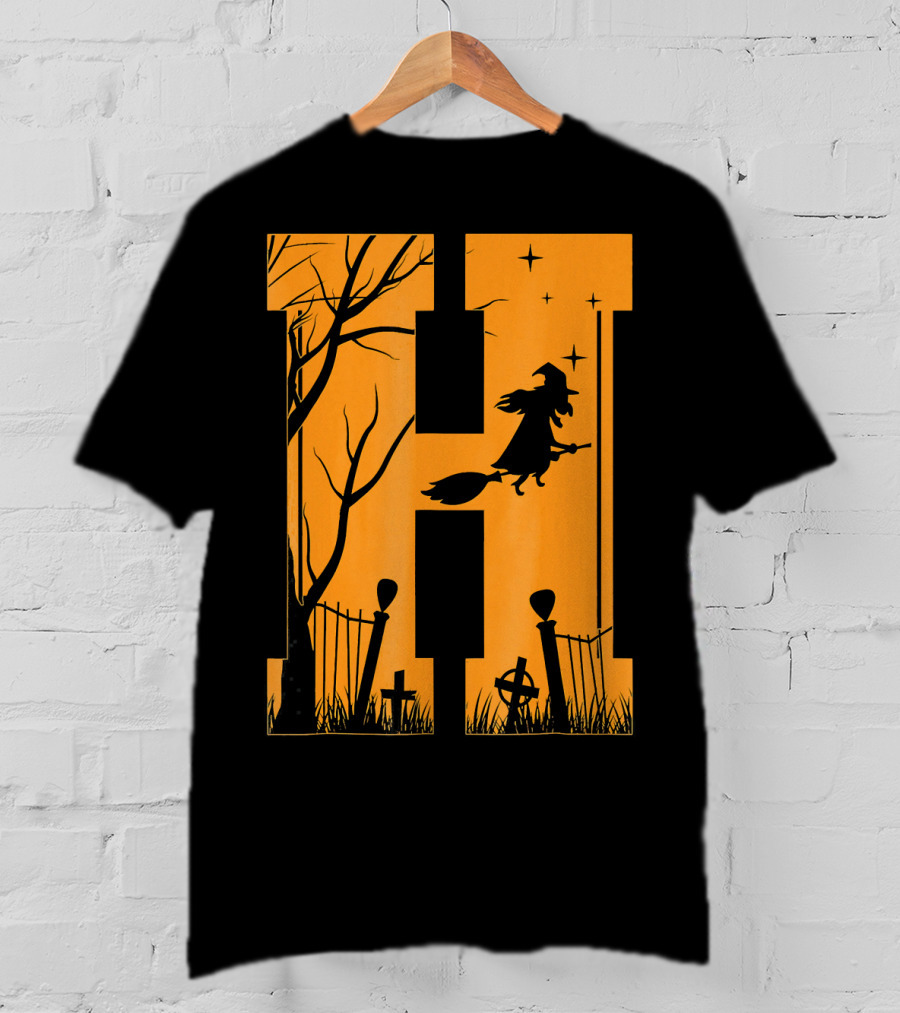 Letter H Halloween Witch Graveyard Scene T-Shirt