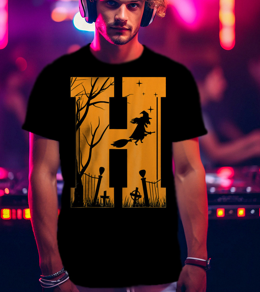 Letter H Halloween Witch Graveyard Scene T-Shirt