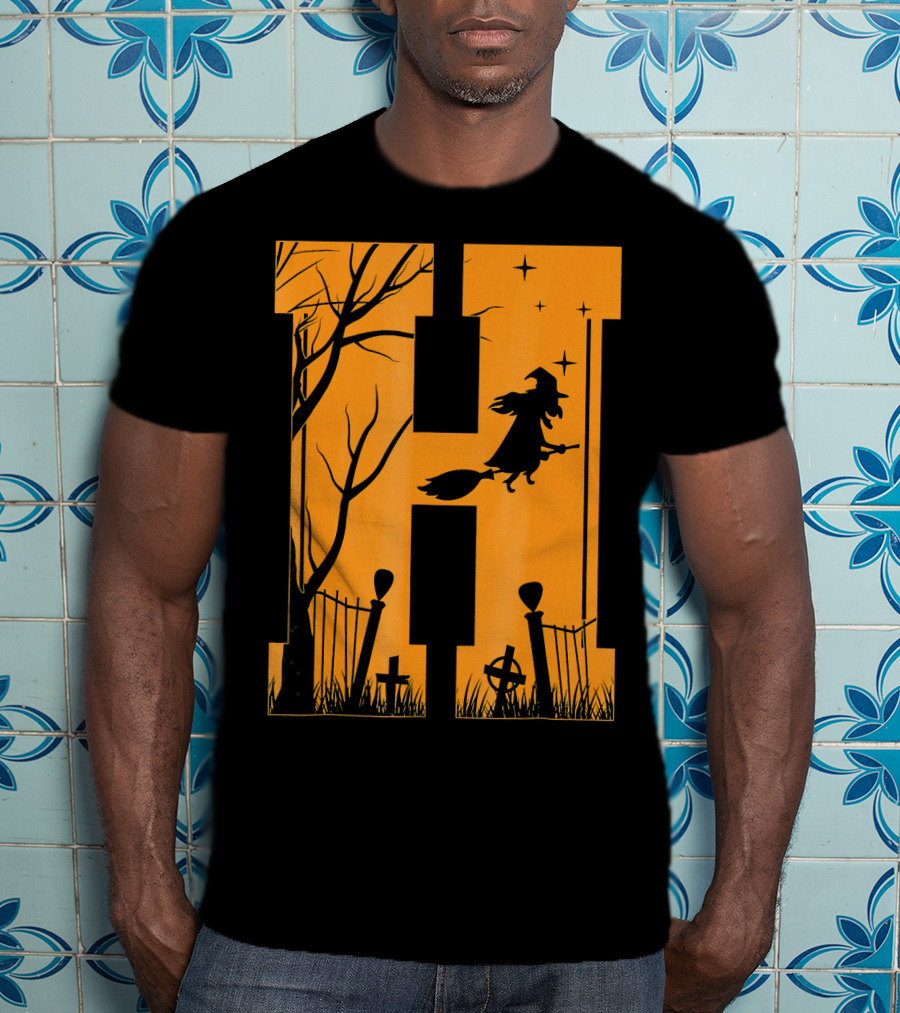Letter H Halloween Witch Graveyard Scene T-Shirt