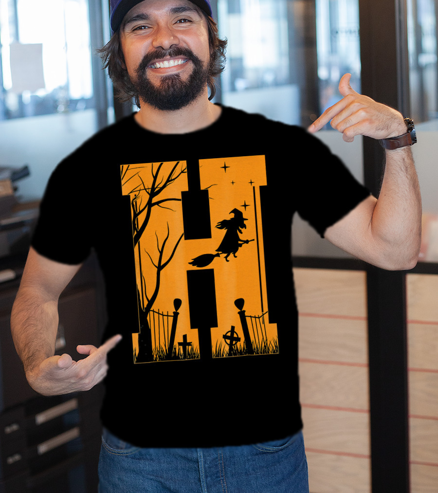 Letter H Halloween Witch Graveyard Scene T-Shirt