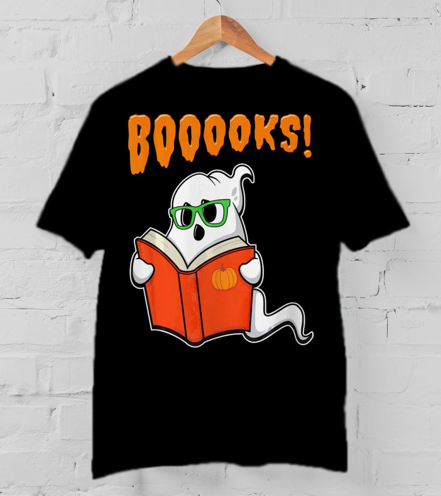 Booooks Ghost With Green Glasses And Pumpkin Book Funny Teacher Halloween T-Shirt