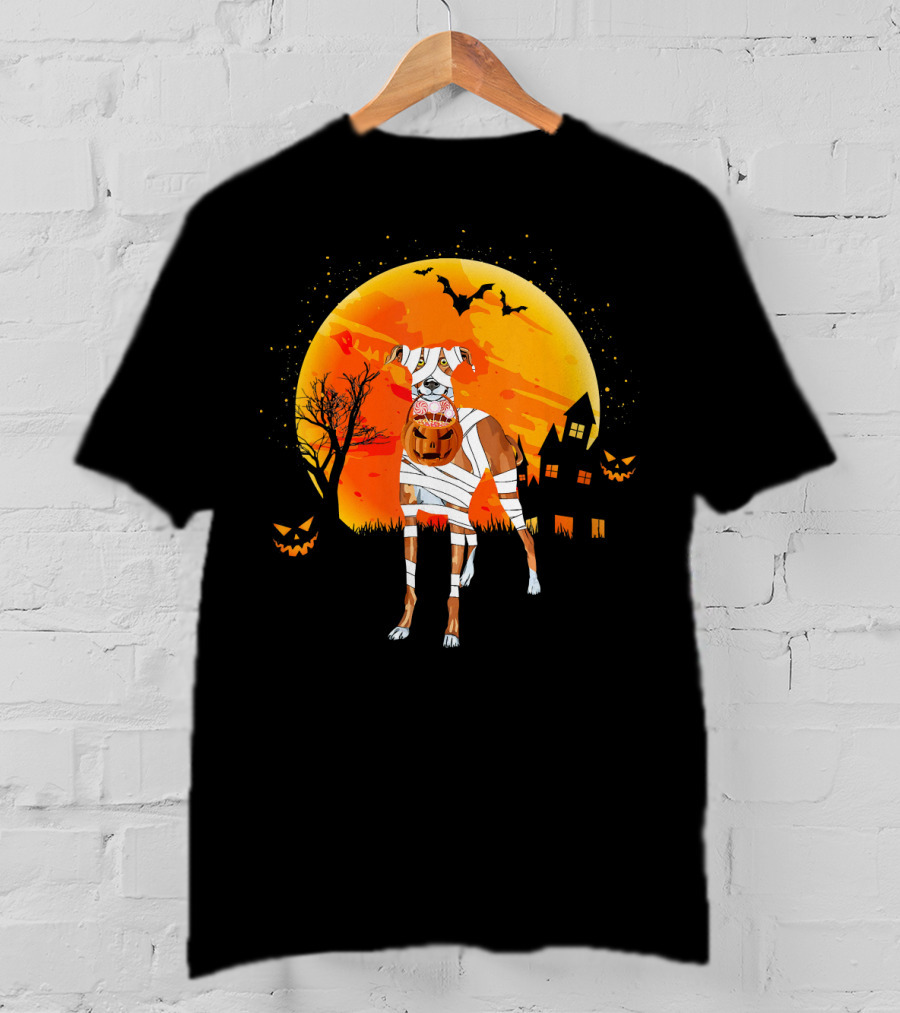 Greyhound Boo Halloween Dog Mummy With Pumpkin Against Full Moon And Haunted House T-Shirt