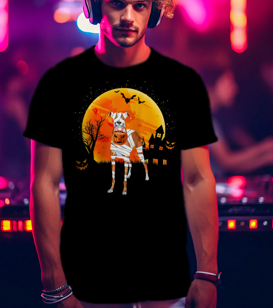 Greyhound Boo Halloween Dog Mummy With Pumpkin Against Full Moon And Haunted House T-Shirt