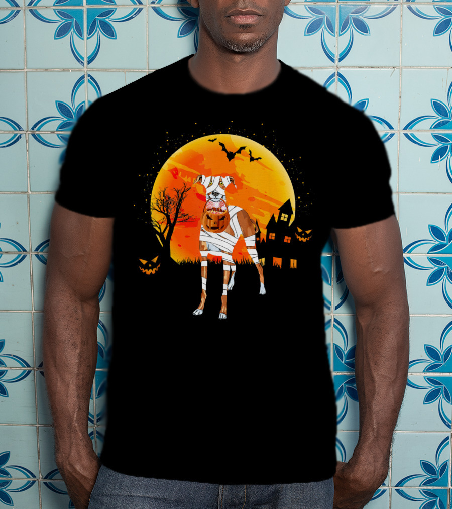 Greyhound Boo Halloween Dog Mummy With Pumpkin Against Full Moon And Haunted House T-Shirt