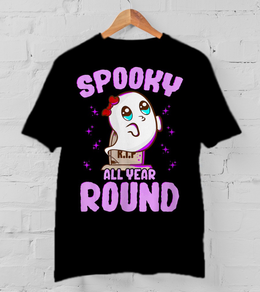 Spooky All Year Round Kawaii Ghost With Glittering Stars And Gravestone T-Shirt