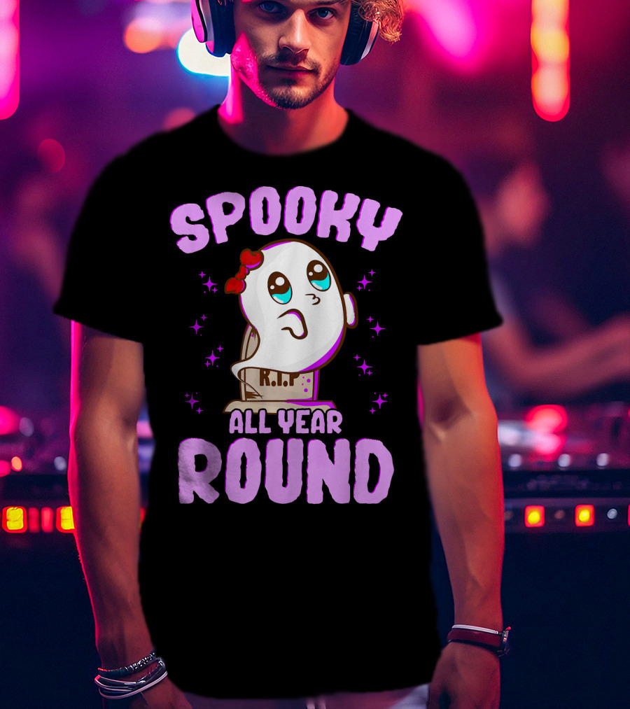 Spooky All Year Round Kawaii Ghost With Glittering Stars And Gravestone T-Shirt