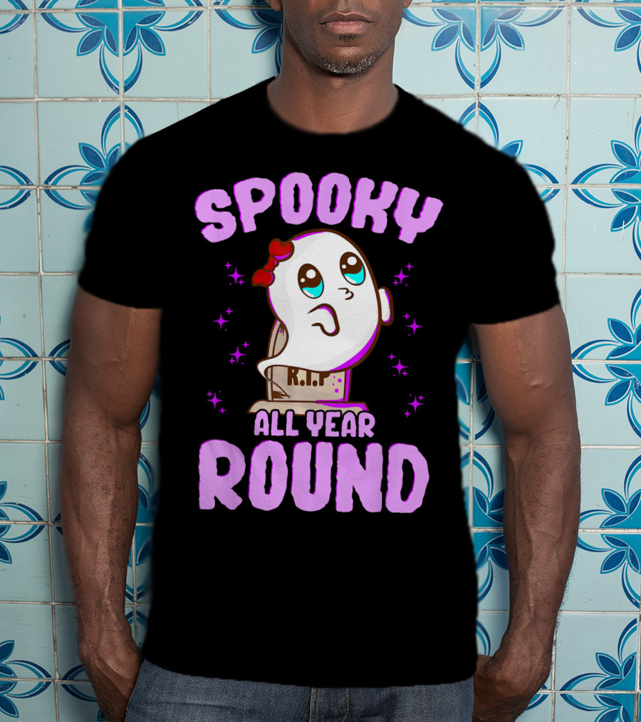 Spooky All Year Round Kawaii Ghost With Glittering Stars And Gravestone T-Shirt