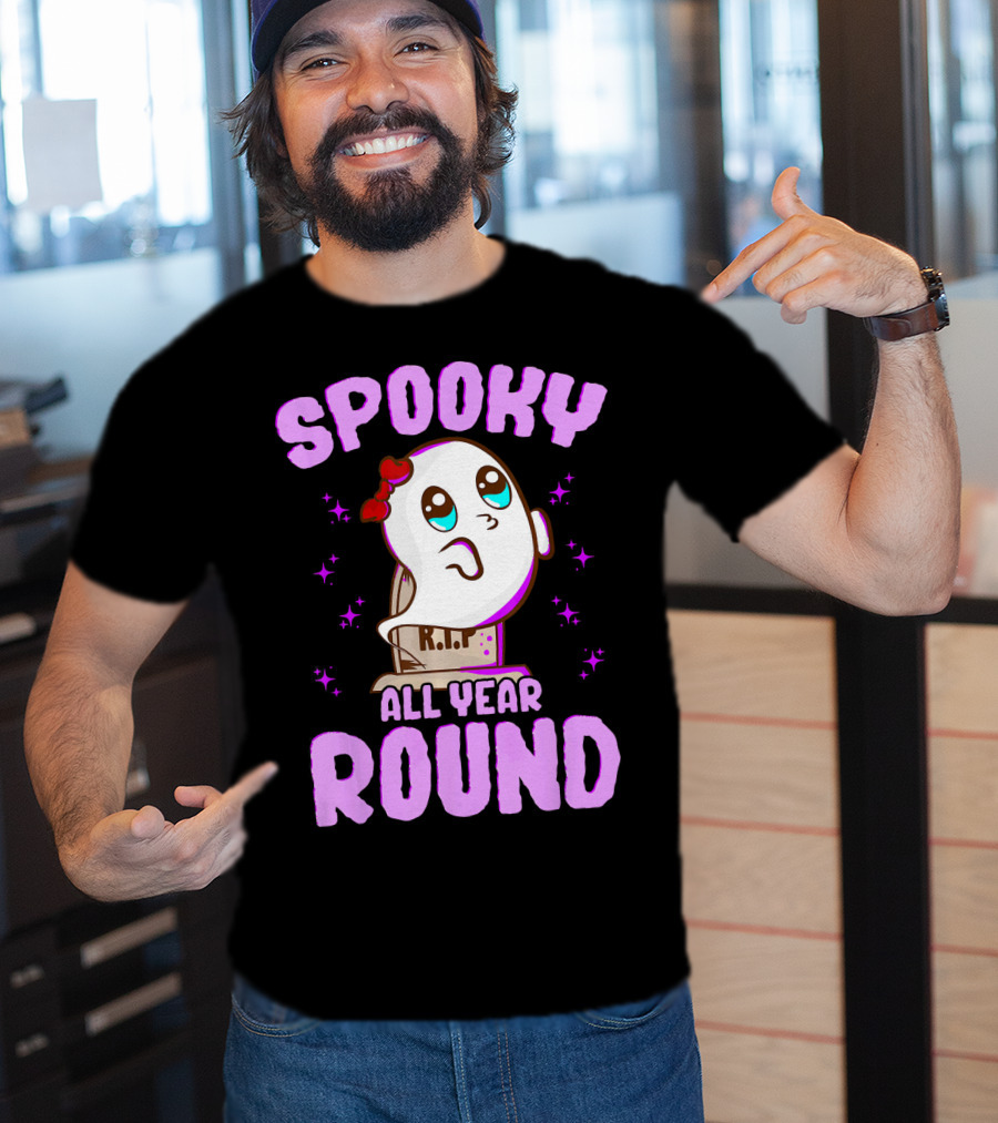 Spooky All Year Round Kawaii Ghost With Glittering Stars And Gravestone T-Shirt