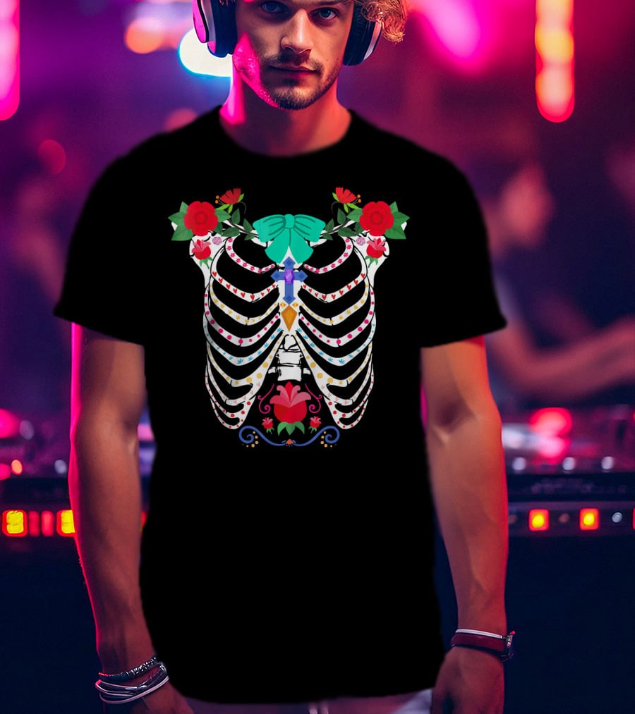 Skeleton Sugar Skull Floral Rib Cage With Bow And Roses T-Shirt