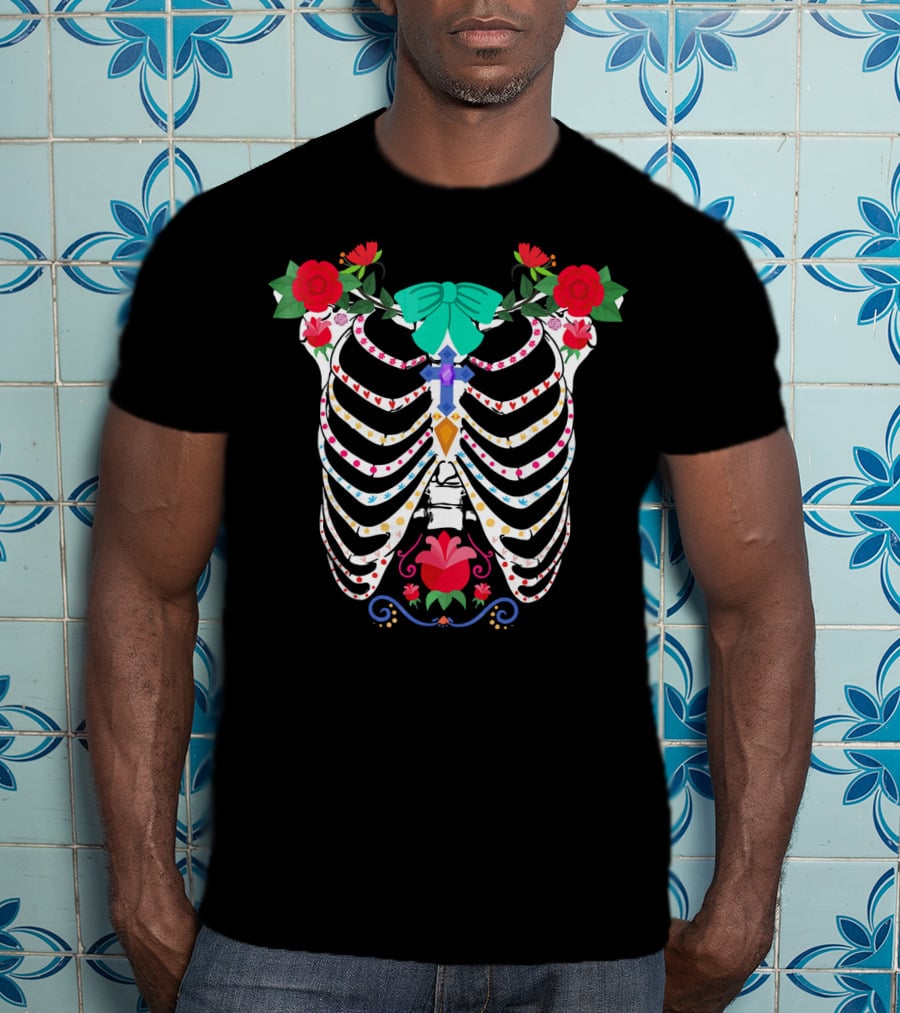 Skeleton Sugar Skull Floral Rib Cage With Bow And Roses T-Shirt