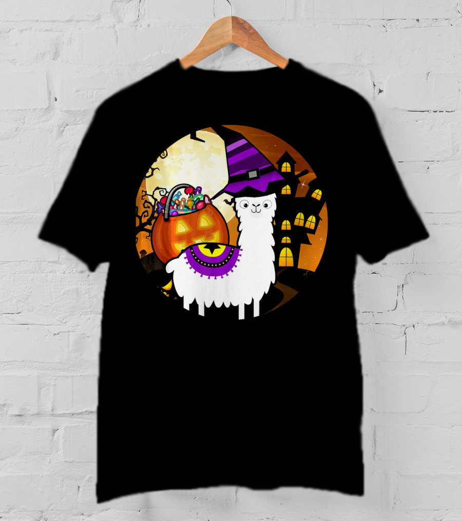 Halloween Llama Funny Alpaca With Witch Hat And Pumpkin House T-Shirt