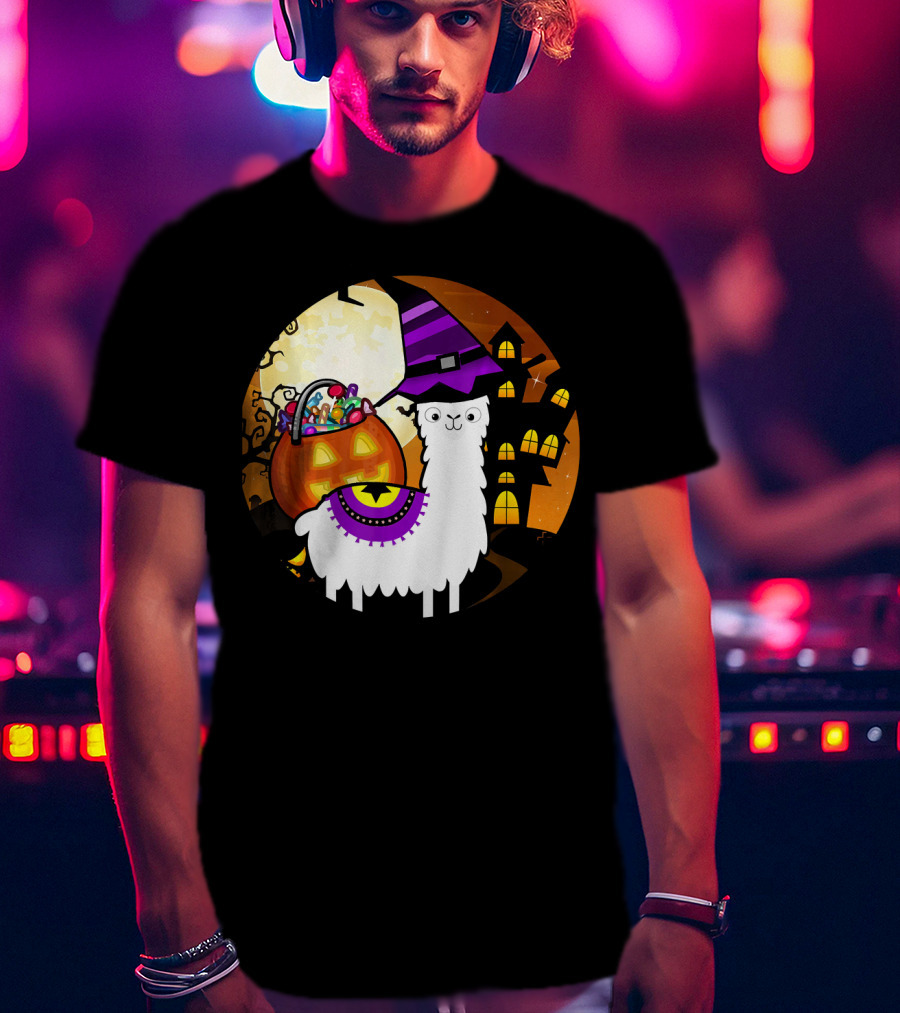Halloween Llama Funny Alpaca With Witch Hat And Pumpkin House T-Shirt
