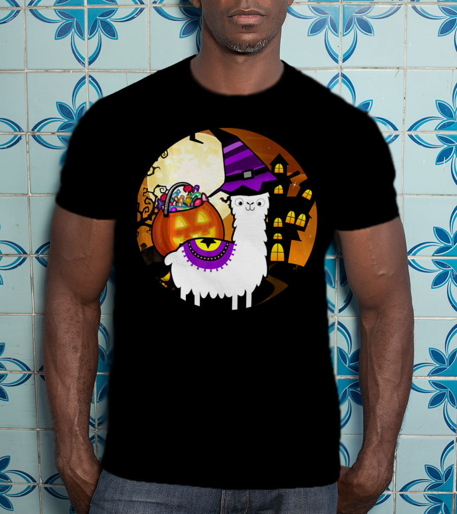 Halloween Llama Funny Alpaca With Witch Hat And Pumpkin House T-Shirt