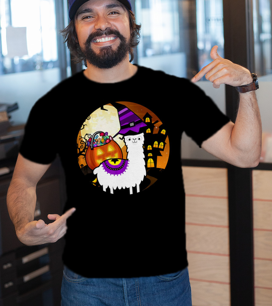 Halloween Llama Funny Alpaca With Witch Hat And Pumpkin House T-Shirt