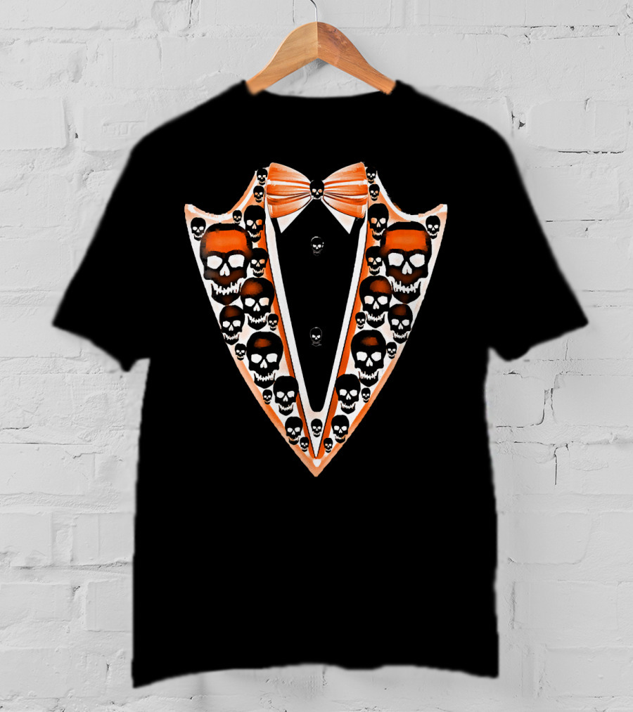 Tuxedo Skull Bowtie Pattern Orange And Black T-Shirt