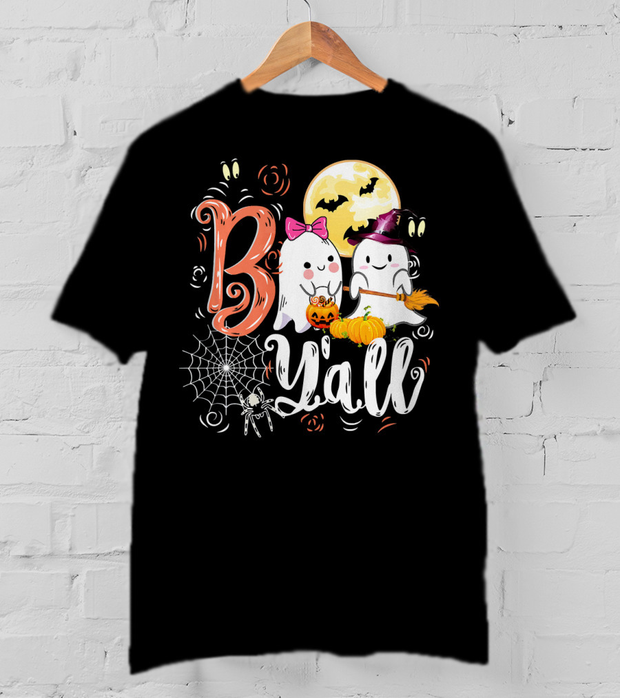 Boo Y’all Funny Ghosts With Pumpkin And Halloween Moon T-Shirt