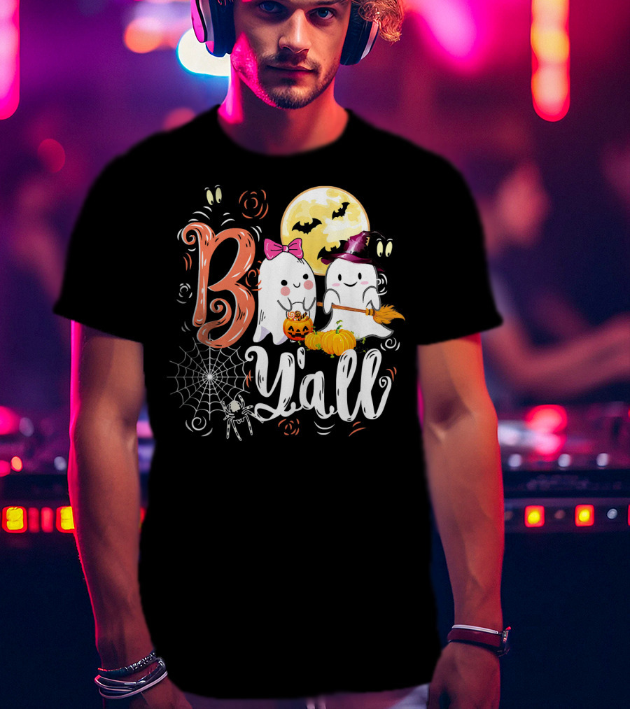 Boo Y’all Funny Ghosts With Pumpkin And Halloween Moon T-Shirt