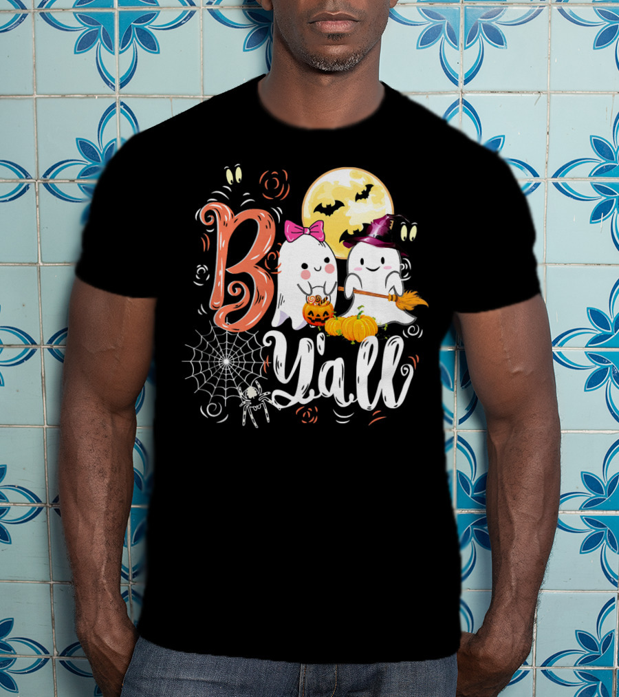 Boo Y’all Funny Ghosts With Pumpkin And Halloween Moon T-Shirt