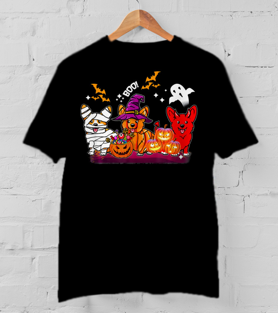 Halloween Three Corgis Witch Mummy Pumpkins Boo Ghost T-Shirt