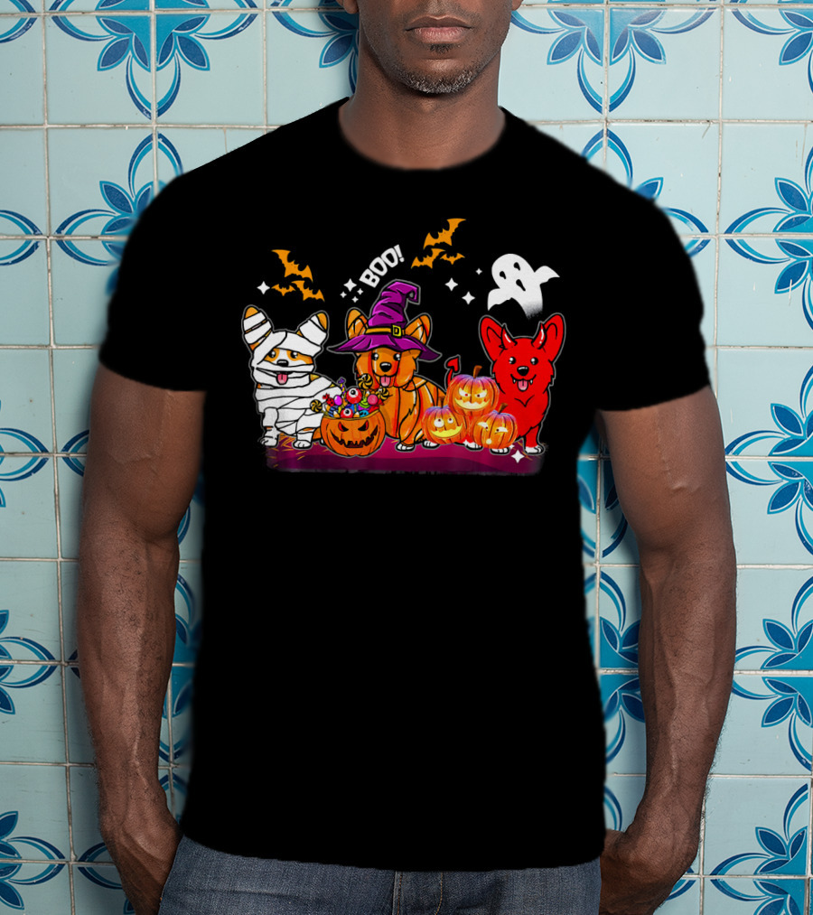 Halloween Three Corgis Witch Mummy Pumpkins Boo Ghost T-Shirt