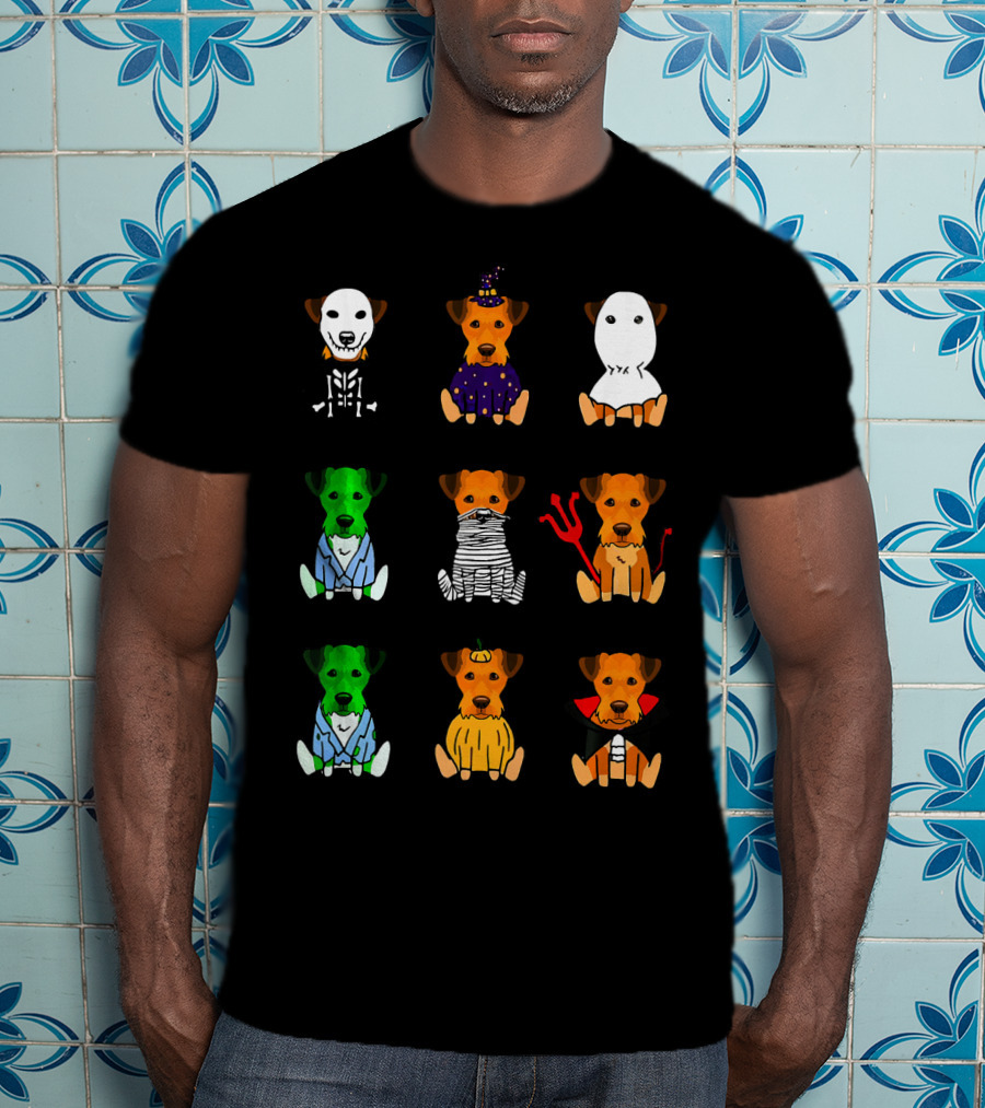 Airedale Terrier Halloween Costumes Skeleton Witch Ghost Zombie Mummy Devil Pumpkin Dracula T-Shirt