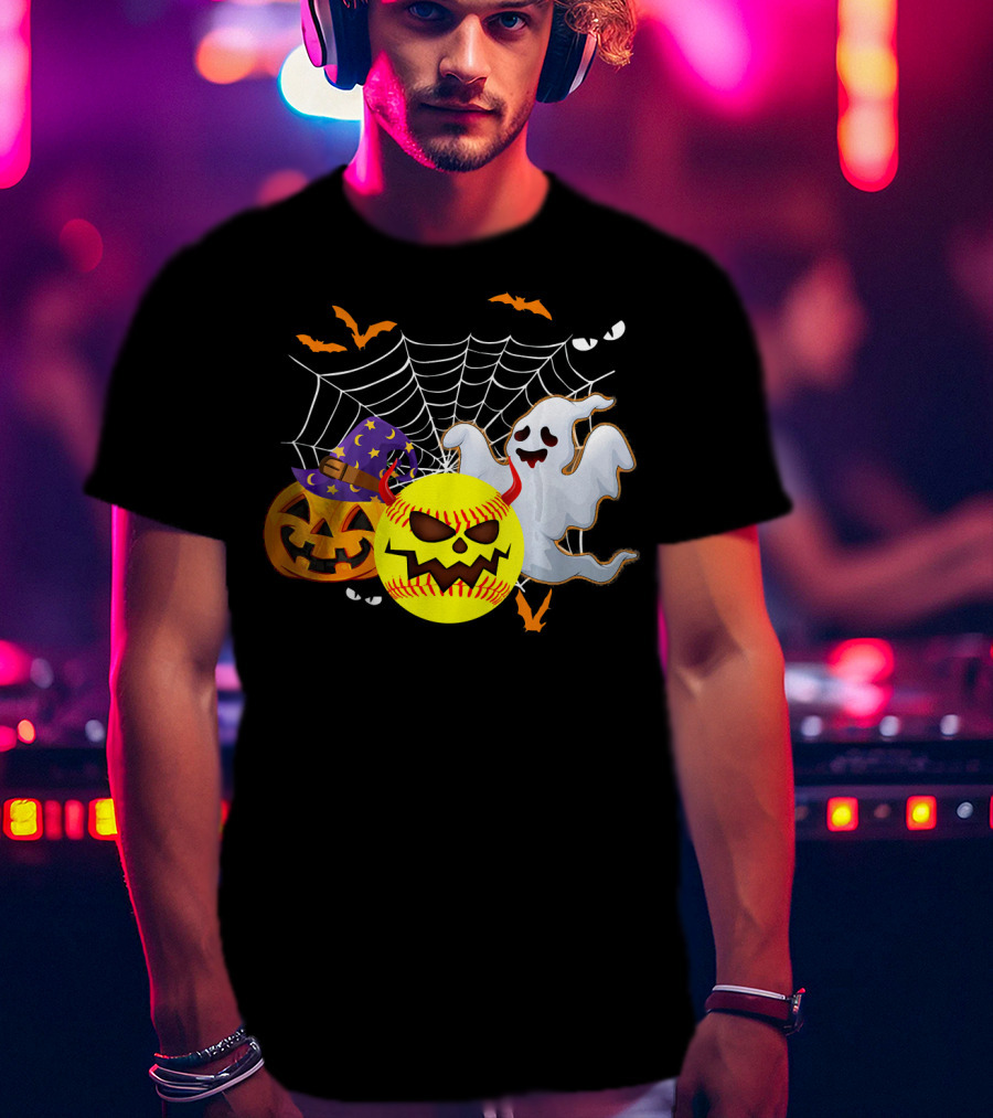 Halloween Softball Pumpkin Ghost Cobwebs And Bats Fun T-Shirt