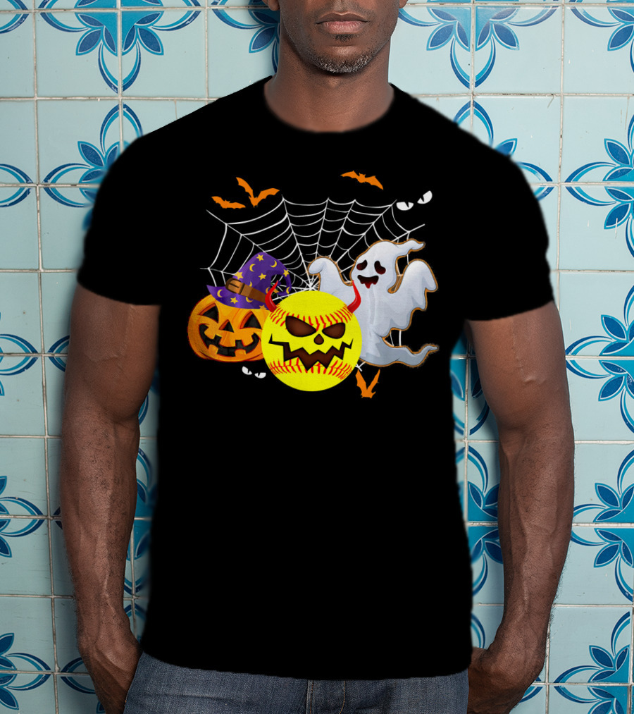 Halloween Softball Pumpkin Ghost Cobwebs And Bats Fun T-Shirt