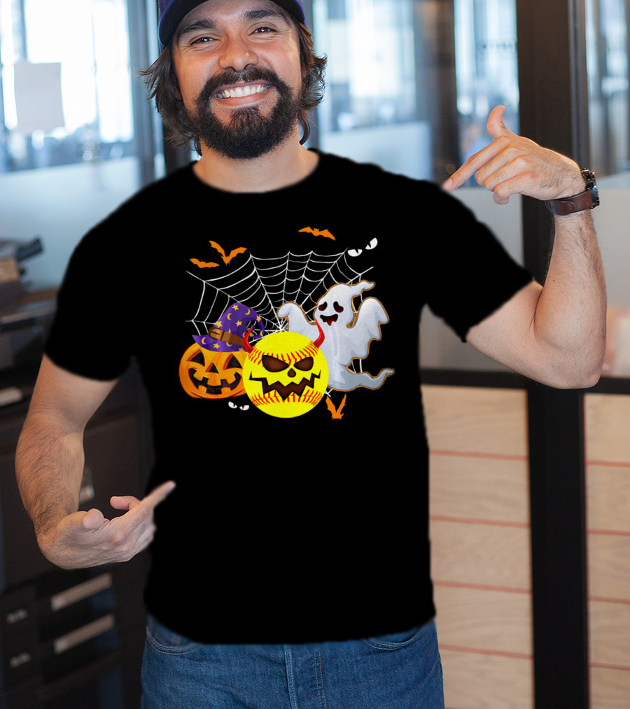 Halloween Softball Pumpkin Ghost Cobwebs And Bats Fun T-Shirt