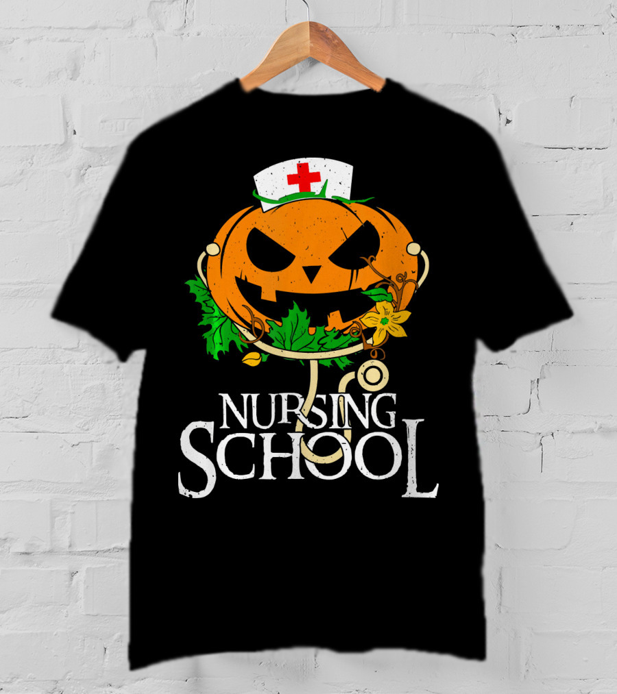 Nursing School Pumpkin With Stethoscope And Nurse Hat Jack-o'-Lantern T-Shirt