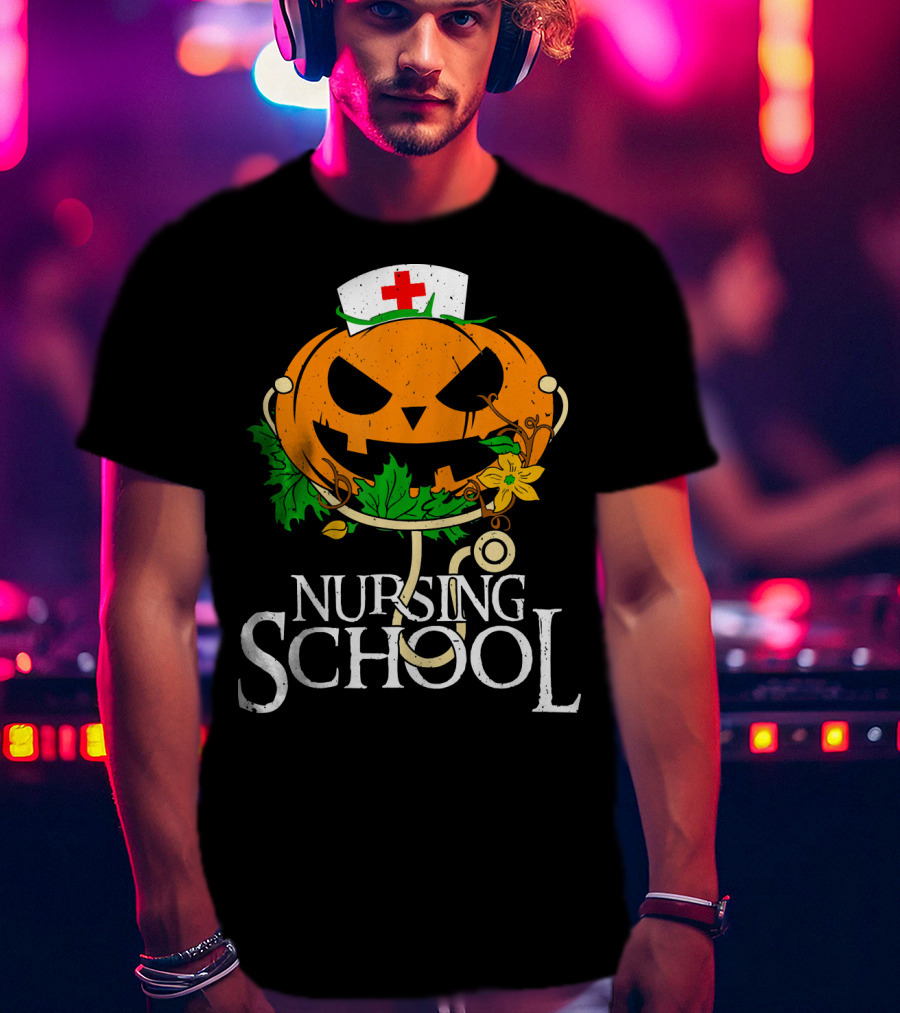 Nursing School Pumpkin With Stethoscope And Nurse Hat Jack-o'-Lantern T-Shirt