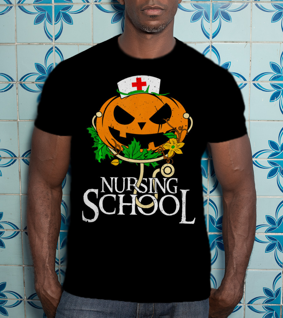 Nursing School Pumpkin With Stethoscope And Nurse Hat Jack-o'-Lantern T-Shirt