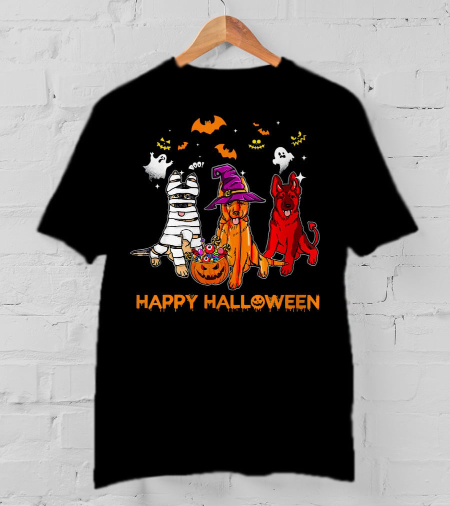 Happy Halloween Mummy Witch Devil Dogs With Ghosts And Bats T-Shirt