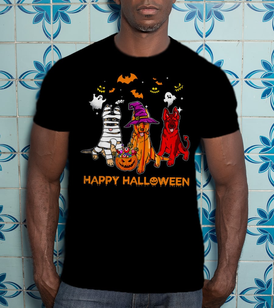 Happy Halloween Mummy Witch Devil Dogs With Ghosts And Bats T-Shirt
