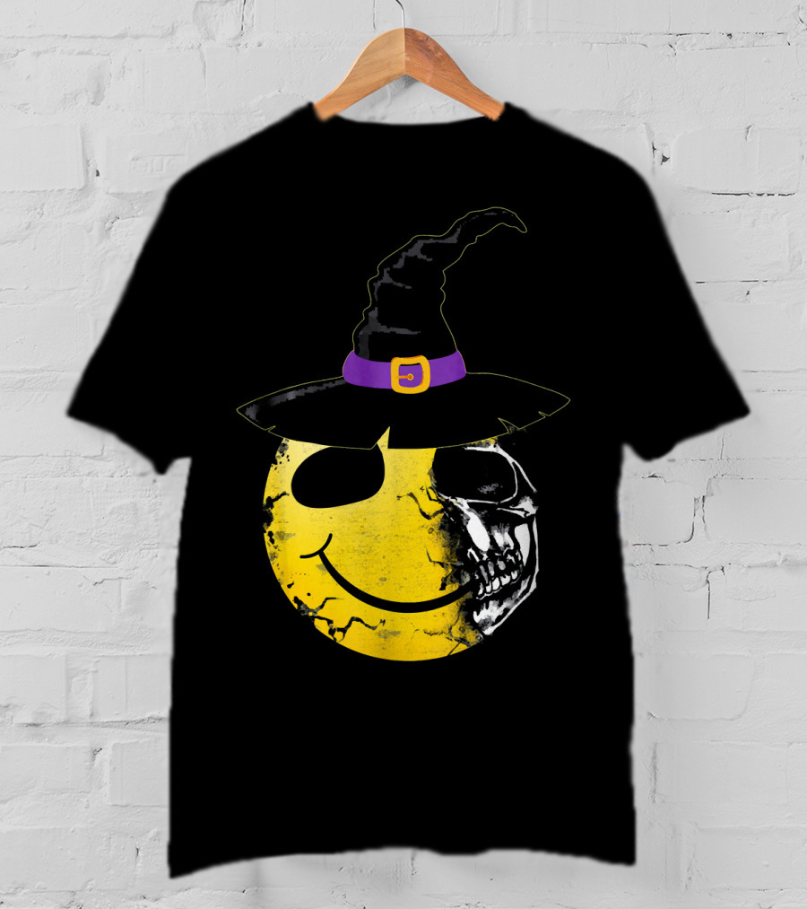 Halloween Witch Hat Smiley Half Skull Face T-Shirt