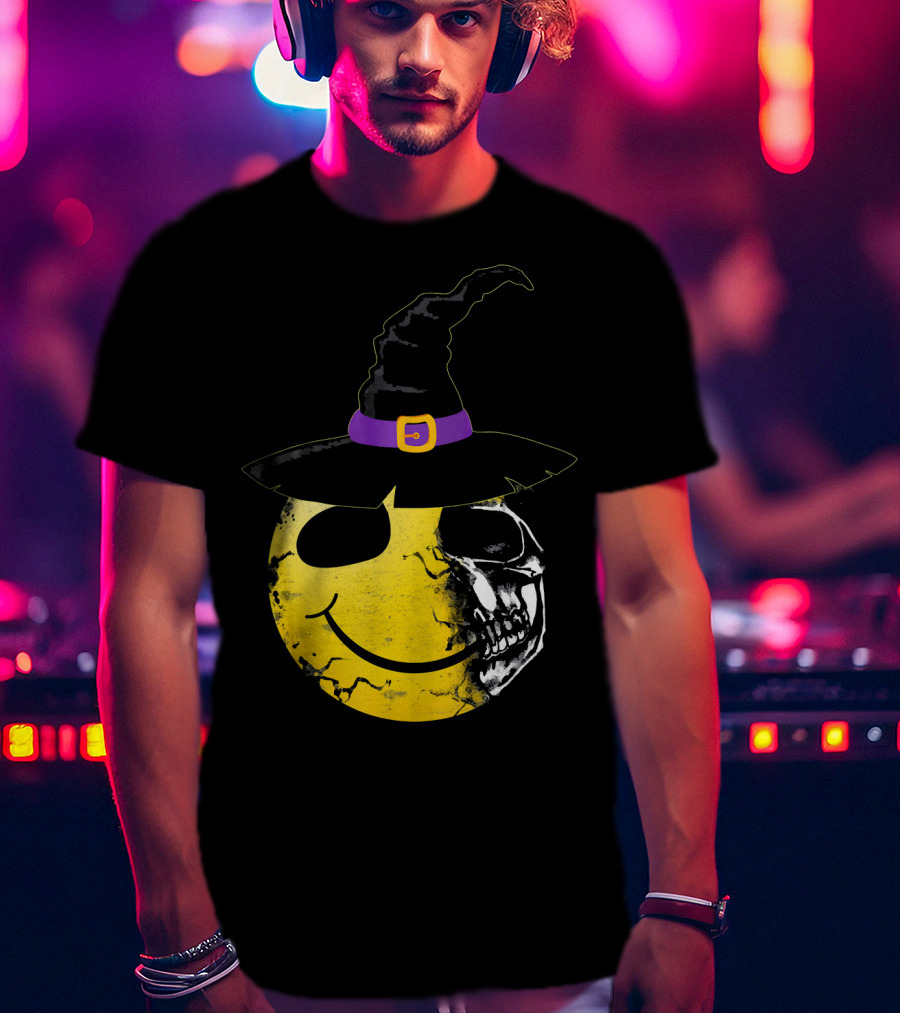 Halloween Witch Hat Smiley Half Skull Face T-Shirt