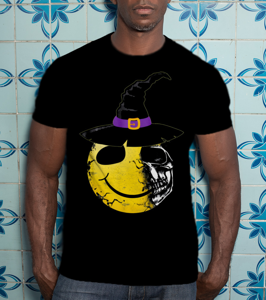 Halloween Witch Hat Smiley Half Skull Face T-Shirt