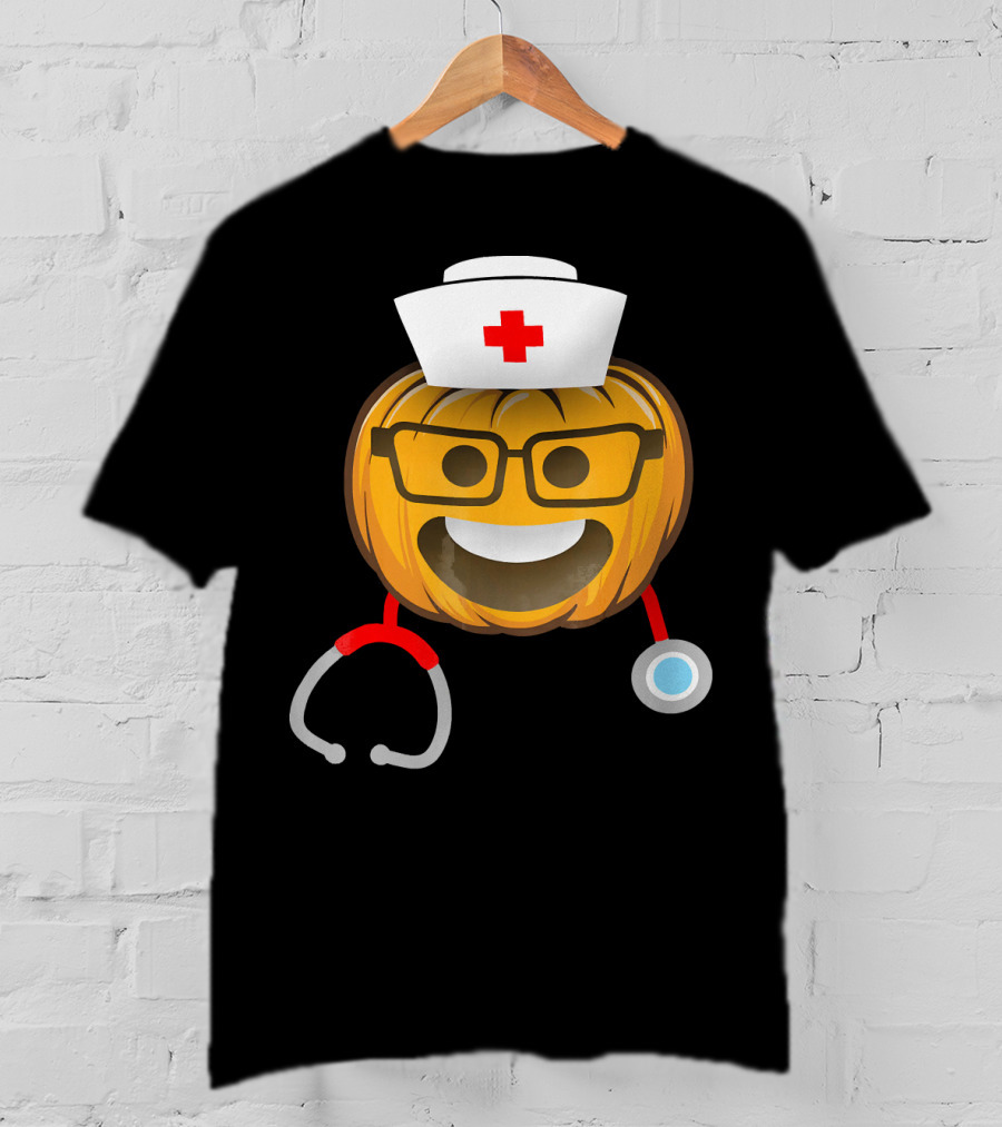 Nurse Halloween Pumpkin Emoji With Nerd Glasses And Stethoscope T-Shirt