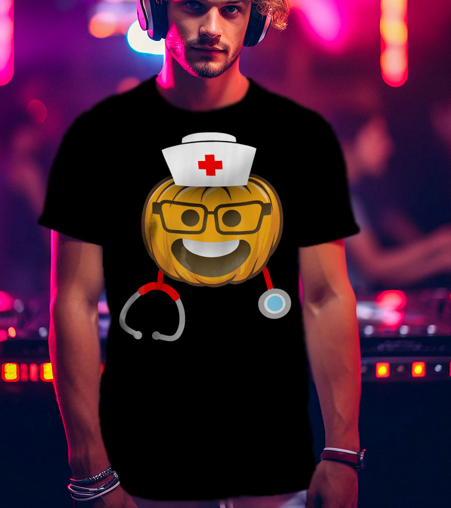 Nurse Halloween Pumpkin Emoji With Nerd Glasses And Stethoscope T-Shirt