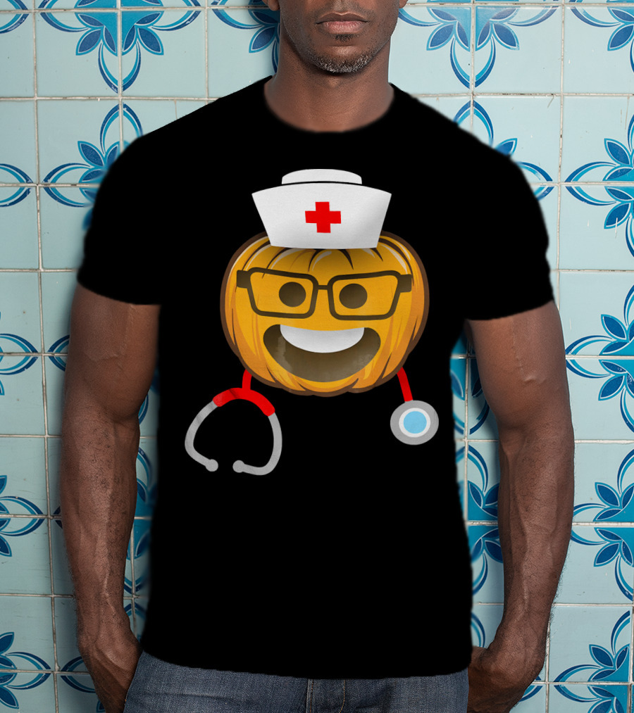 Nurse Halloween Pumpkin Emoji With Nerd Glasses And Stethoscope T-Shirt