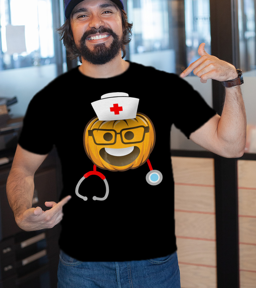 Nurse Halloween Pumpkin Emoji With Nerd Glasses And Stethoscope T-Shirt
