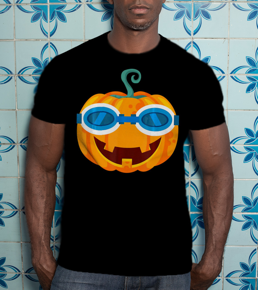 Swimming Pumpkin With Goggles Funny Halloween T-Shirt
