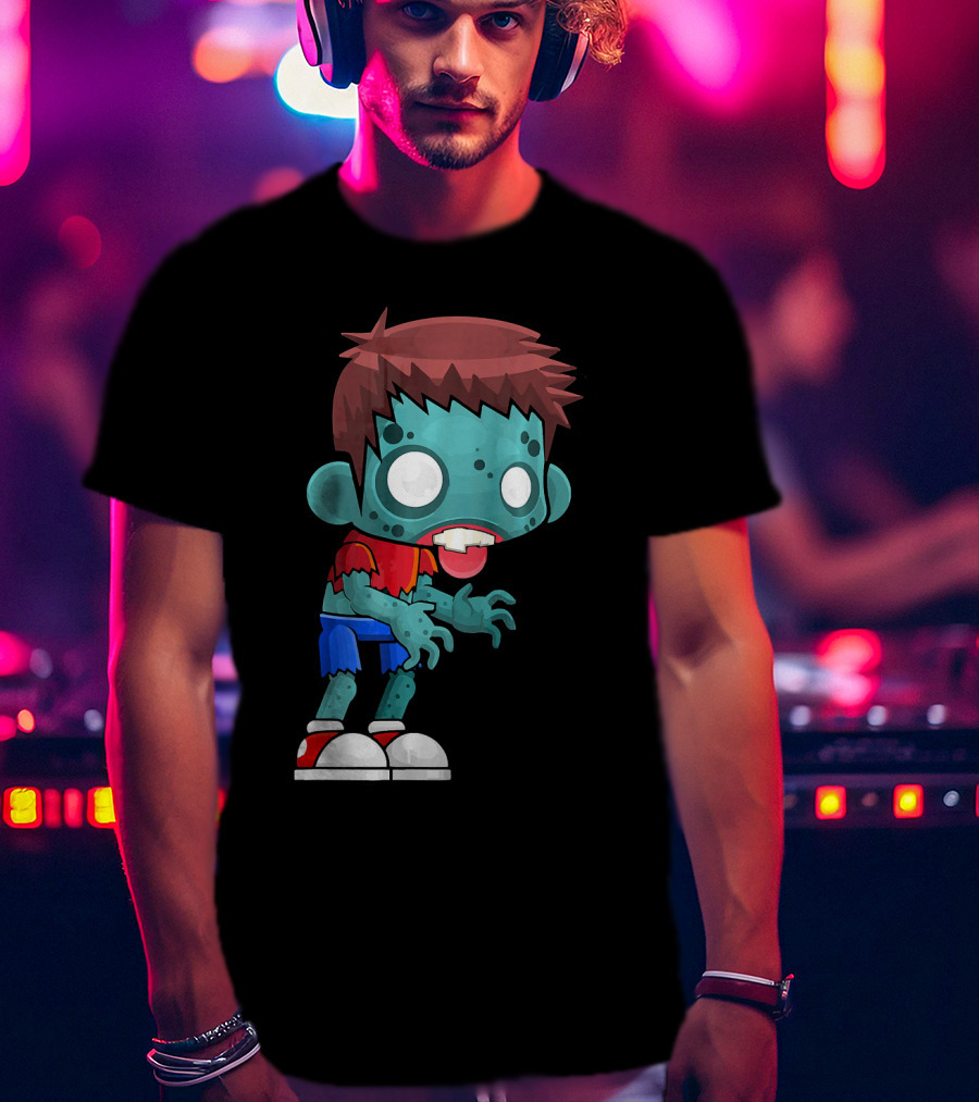 Zombie Boy Cartoon Character With Red Shirt And Blue Shorts T-Shirt