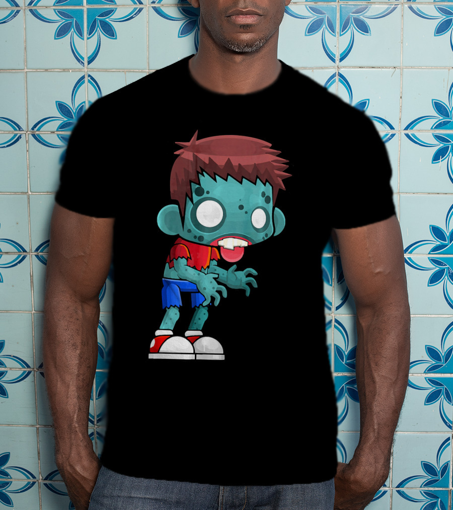 Zombie Boy Cartoon Character With Red Shirt And Blue Shorts T-Shirt