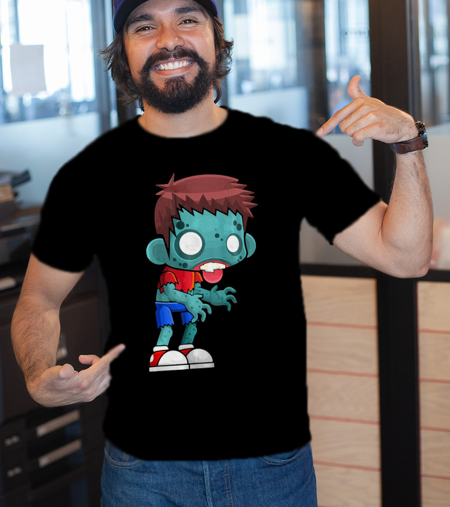 Zombie Boy Cartoon Character With Red Shirt And Blue Shorts T-Shirt