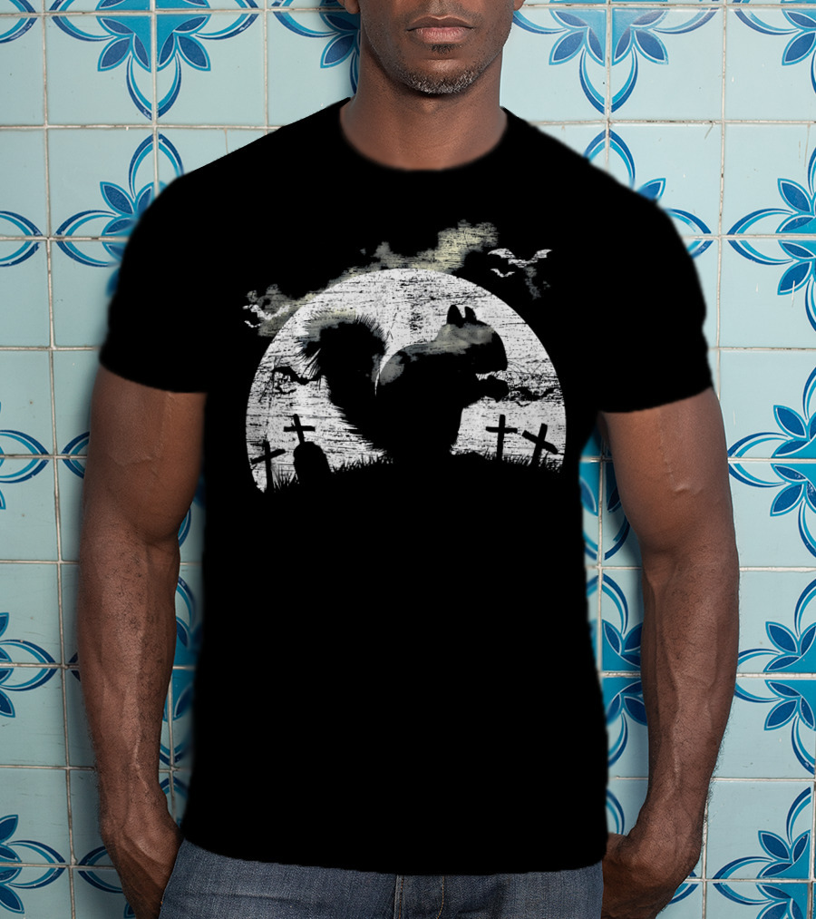 Halloween Squirrel Graveyard Silhouette With Full Moon And Bats T-Shirt
