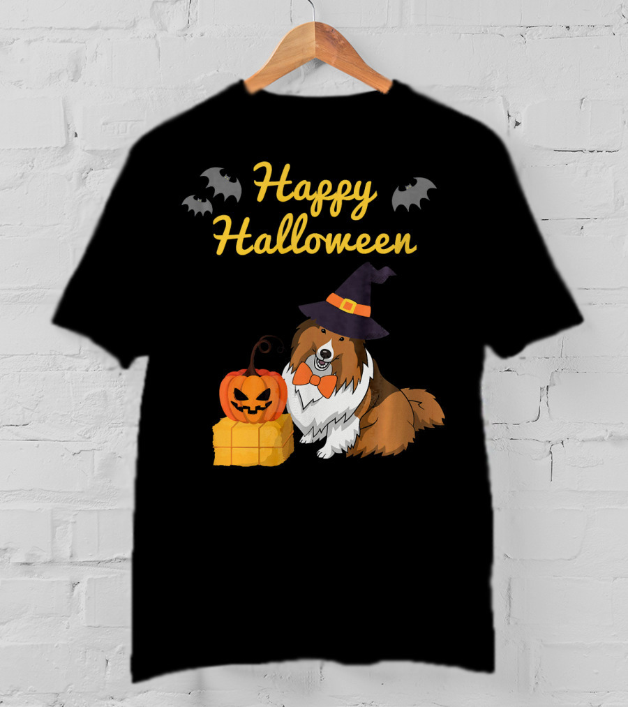 Happy Halloween Cute Sheltie With Witch Hat Pumpkins And Bats T-Shirt