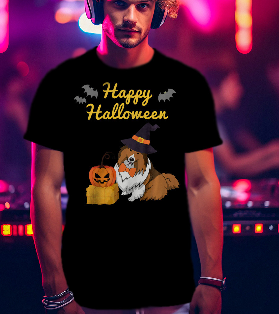 Happy Halloween Cute Sheltie With Witch Hat Pumpkins And Bats T-Shirt