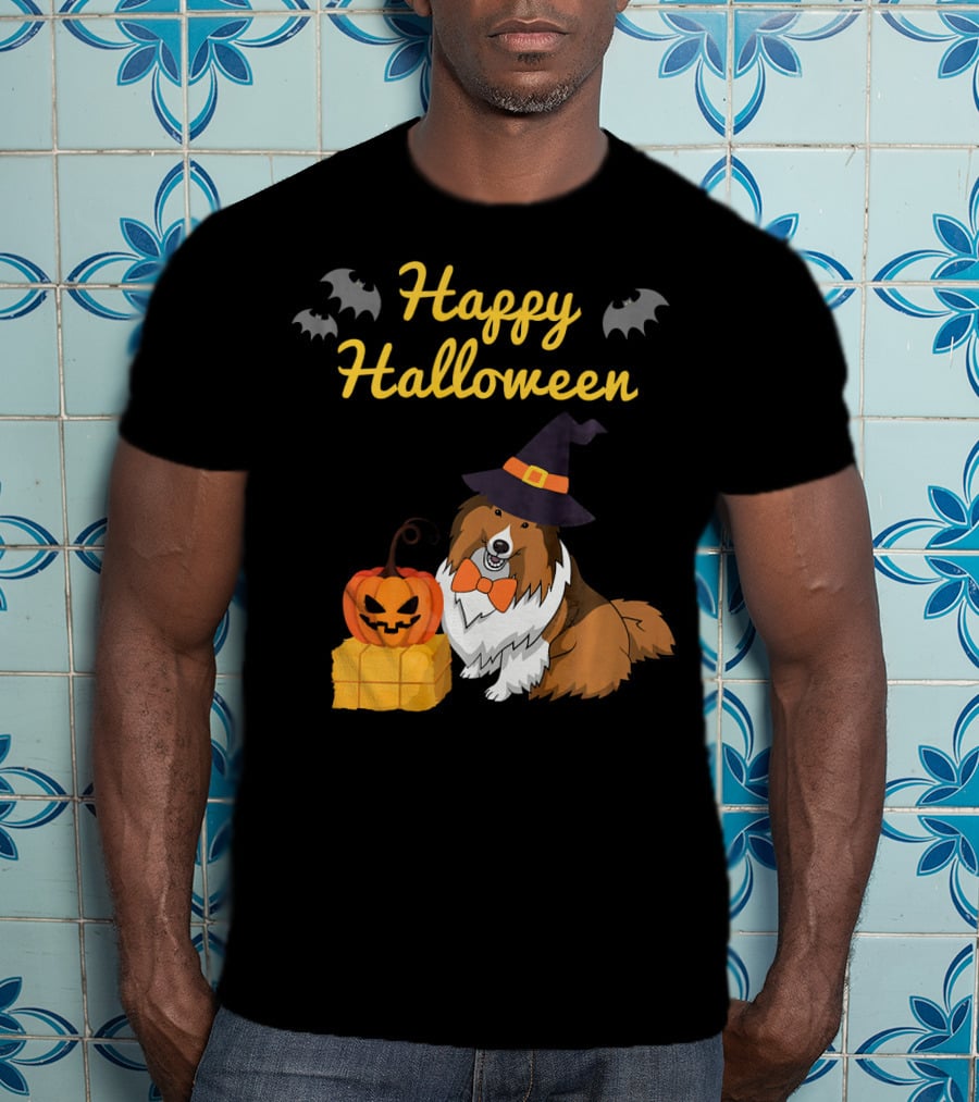Happy Halloween Cute Sheltie With Witch Hat Pumpkins And Bats T-Shirt