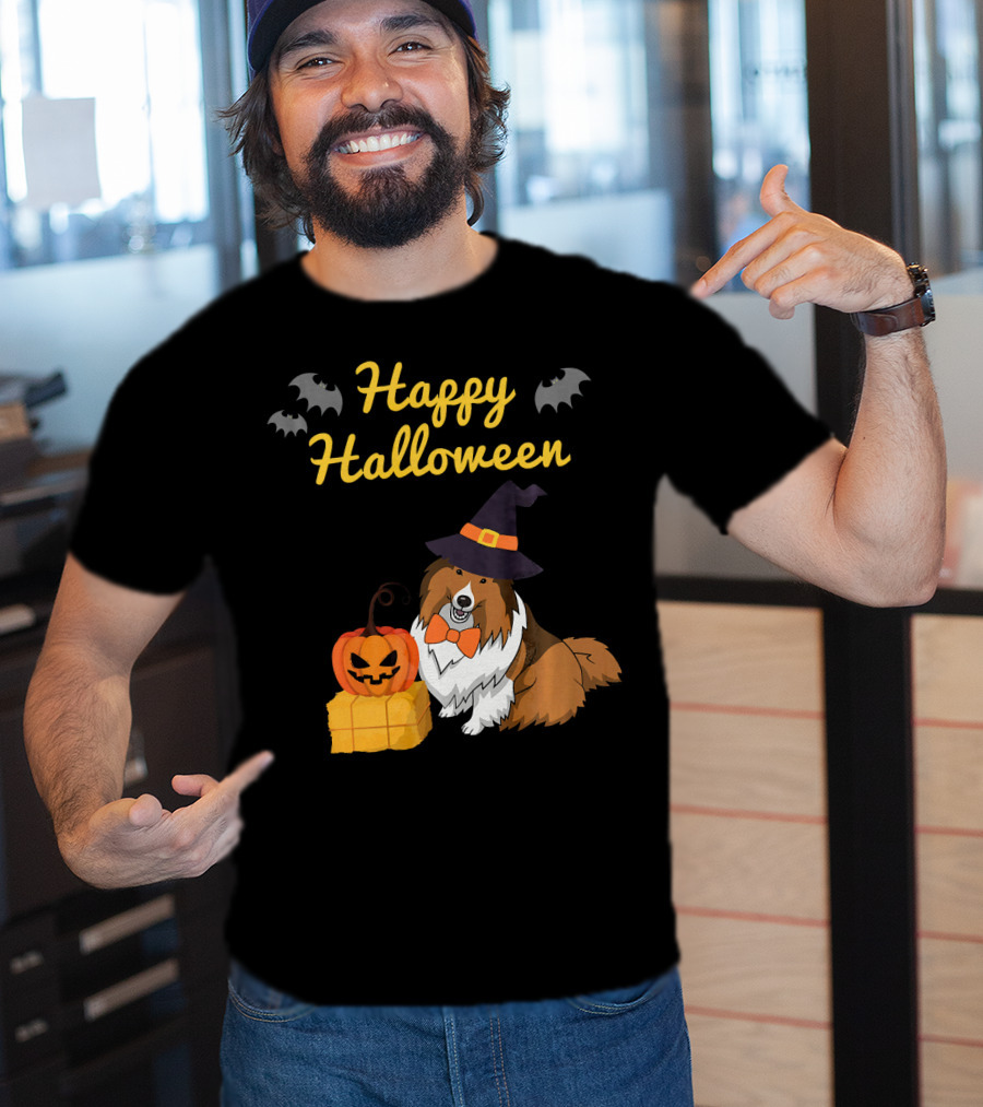 Happy Halloween Cute Sheltie With Witch Hat Pumpkins And Bats T-Shirt